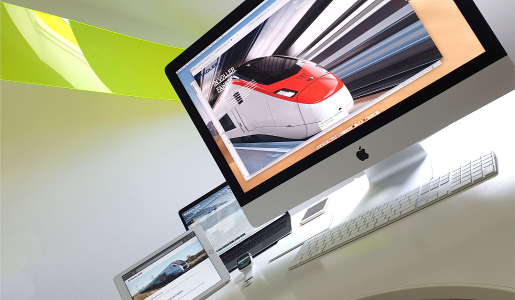 Industrieauftrag für den Schweizer Zughersteller Stadler Rail: Device-Optimierung unter iMac, iPad, MacBook Air sowie Apple Watch.